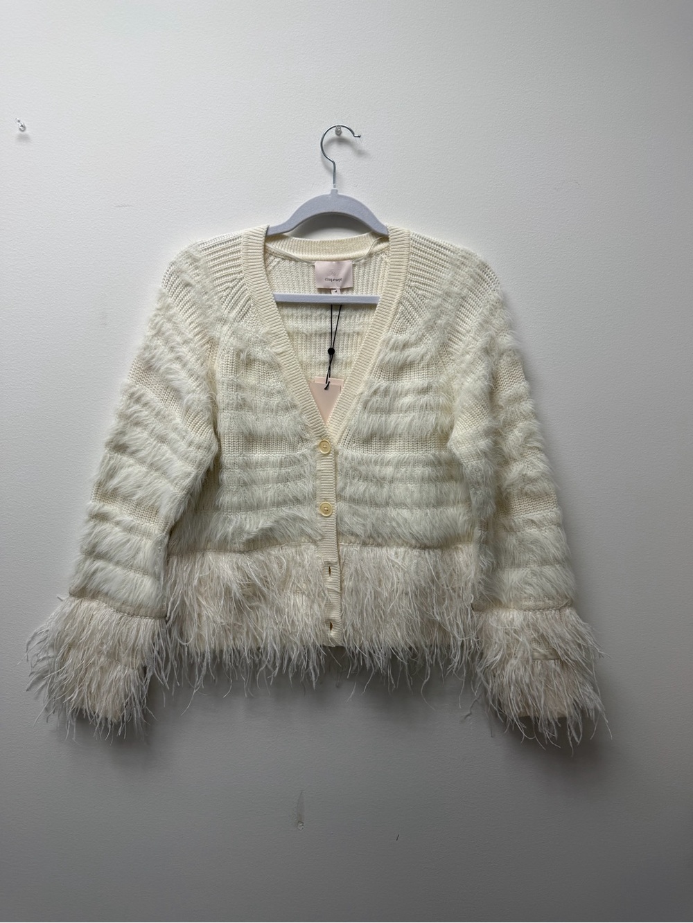 cinq a sept Ivory Feather-Trim Knit Cardigan